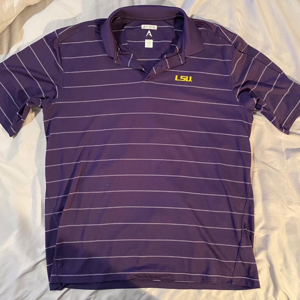 LSU purple polo with white stripes large